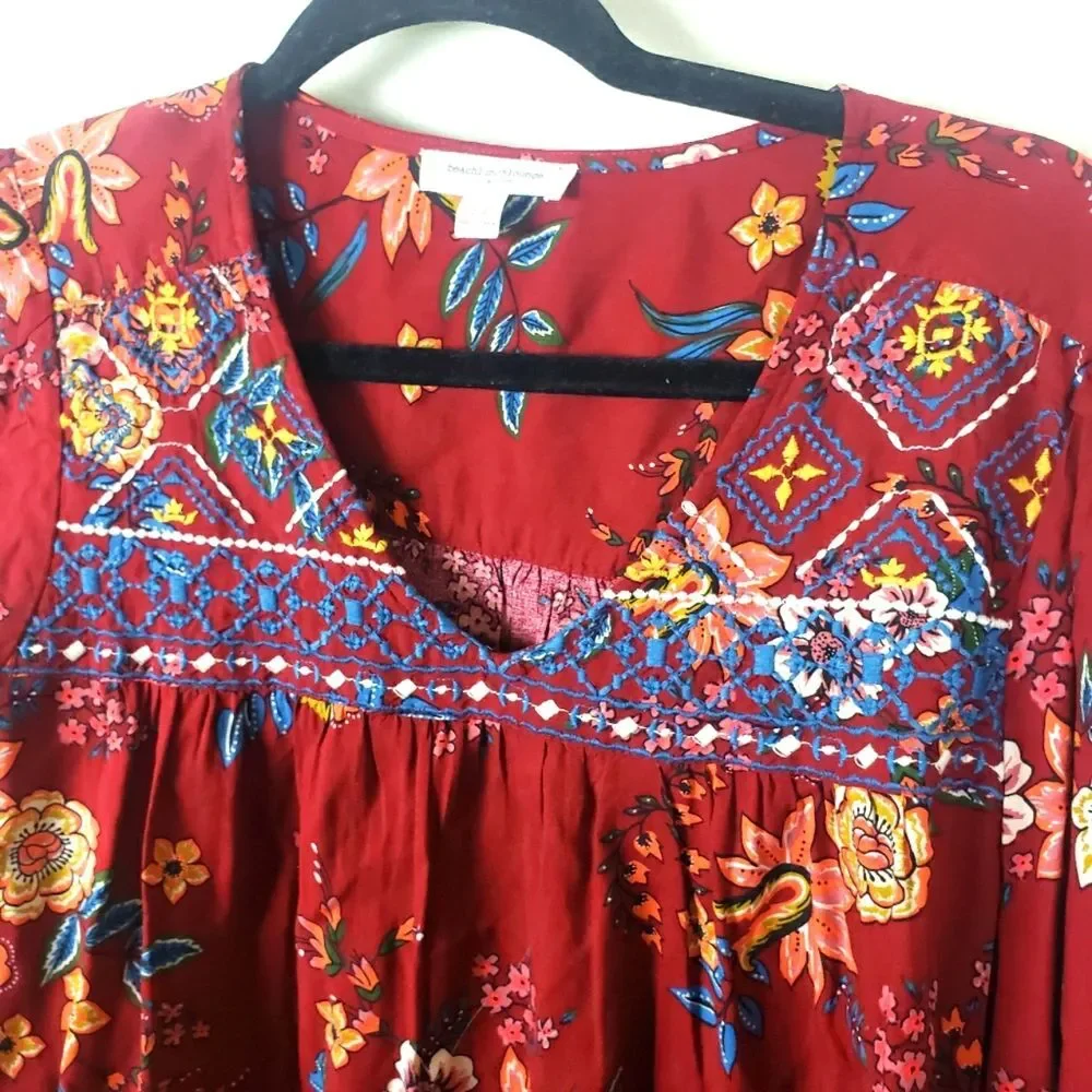 Women's Beach Lunch Lounge Boho Floral Embroidered Pop Over Top Size small - Picture 9 of 11